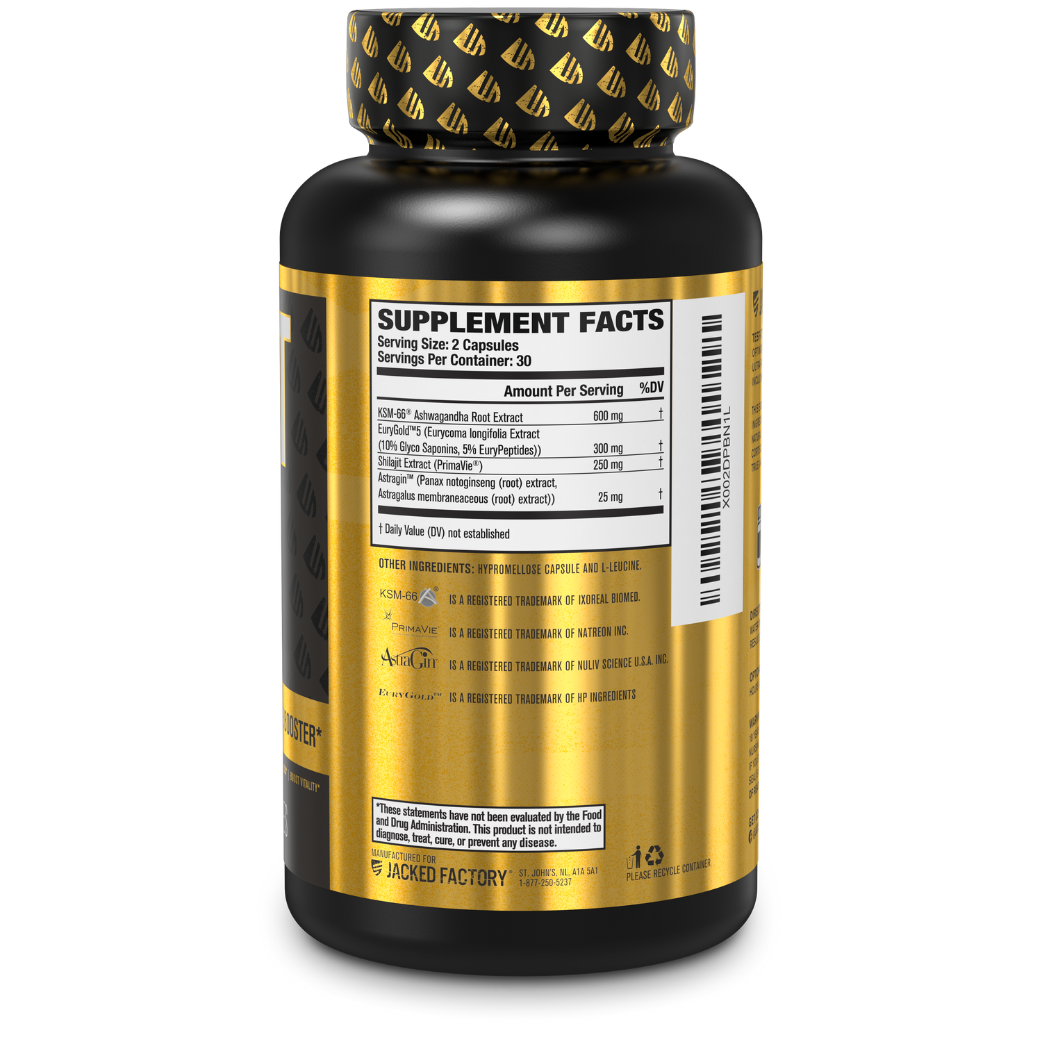 Side of Jacked Factory's Test XT Black (60 veggie capsules) in a black bottle with a gold and white label showing nutritional information