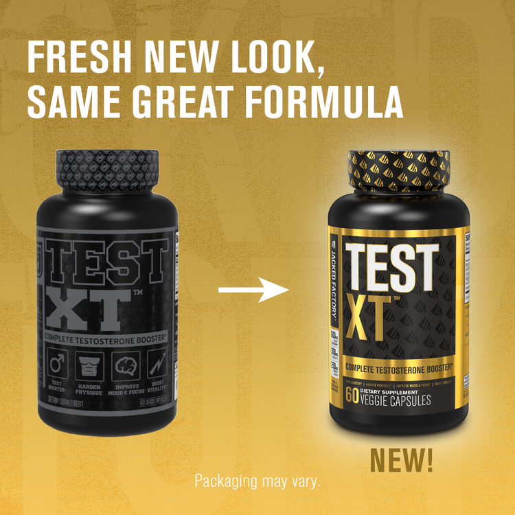 Comparing old Test XT label to new Test XT label with the text "FRESH NEW LOOK, SAME GREAT FORMULA" and below "Packaging may vary."