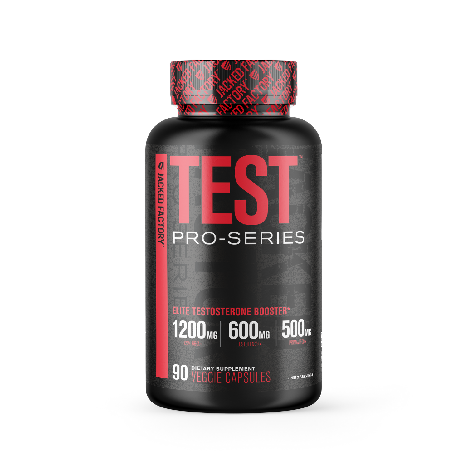 Jacked Factory's Pro-Series Test (90 veggie capsules) in a black bottle with black and red label