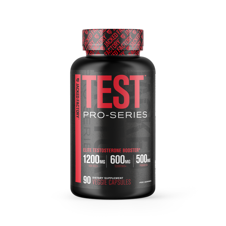 Jacked Factory's Pro-Series Test (90 veggie capsules) in a black bottle with black and red label