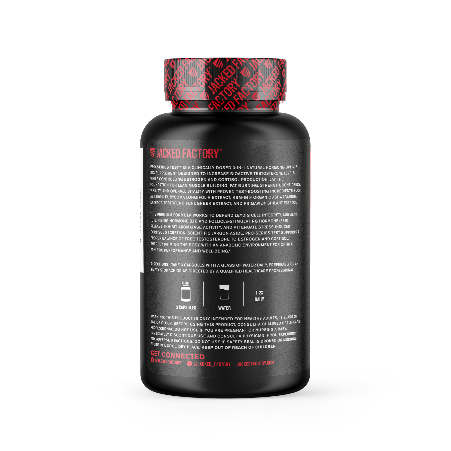 side of Jacked Factory's Pro-Series Test (90 veggie capsules) in a black bottle with black and red label with suggested usage