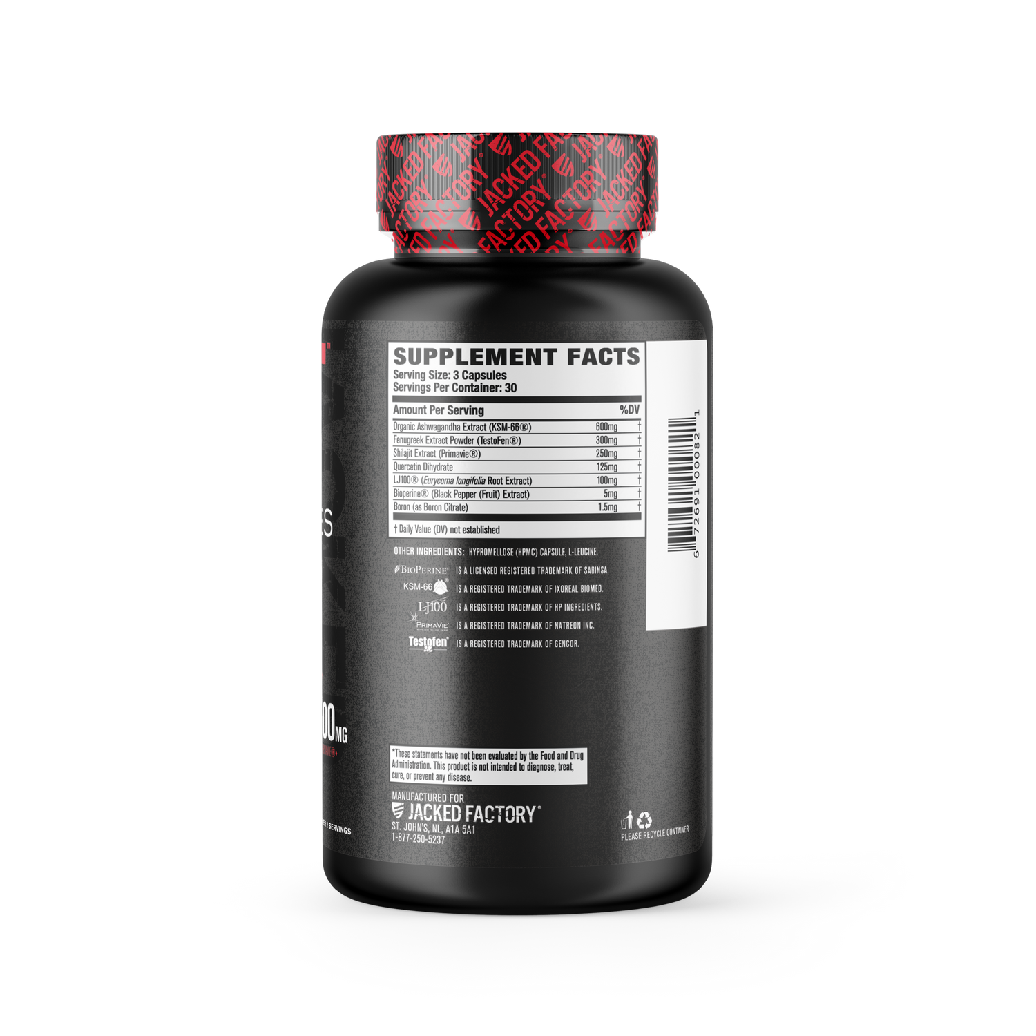 side of Jacked Factory's Pro-Series Test (90 veggie capsules) in a black bottle with black and red label with nutrition facts