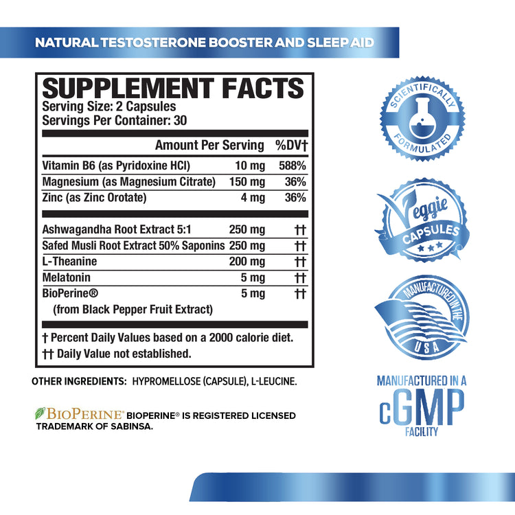 White nutrition label with black and blue text for Jacked Factory's Test-PM (60 veggie capsules)