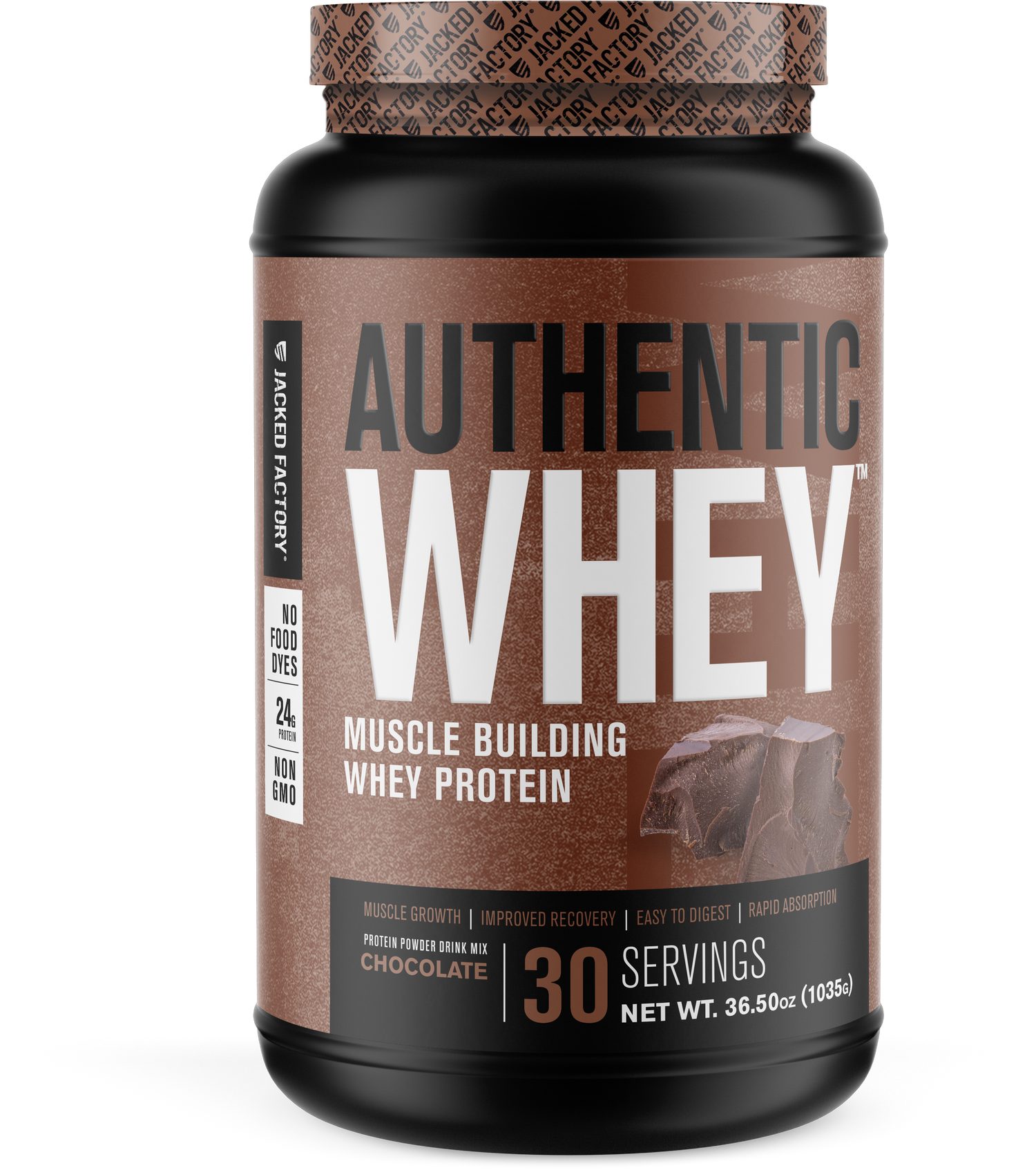 Black bottle with a brown label for Chocolate Authentic Whey (30 servings)