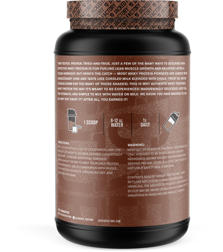 Side of Black bottle with a brown label for Chocolate Authentic Whey (30 servings) showing recommended usage