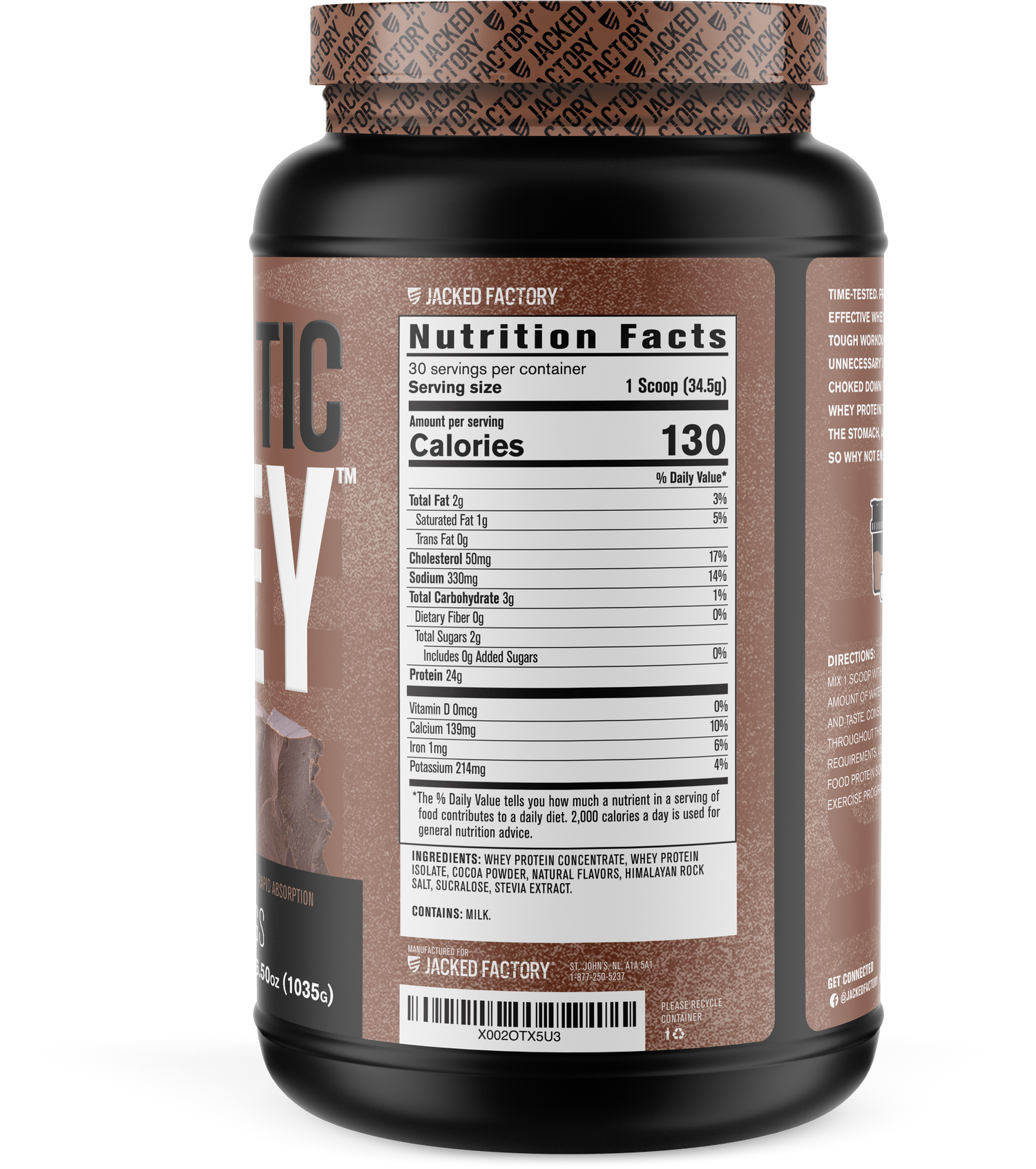Side of Black bottle with a brown label for Chocolate Authentic Whey (30 servings) showing nutritional information