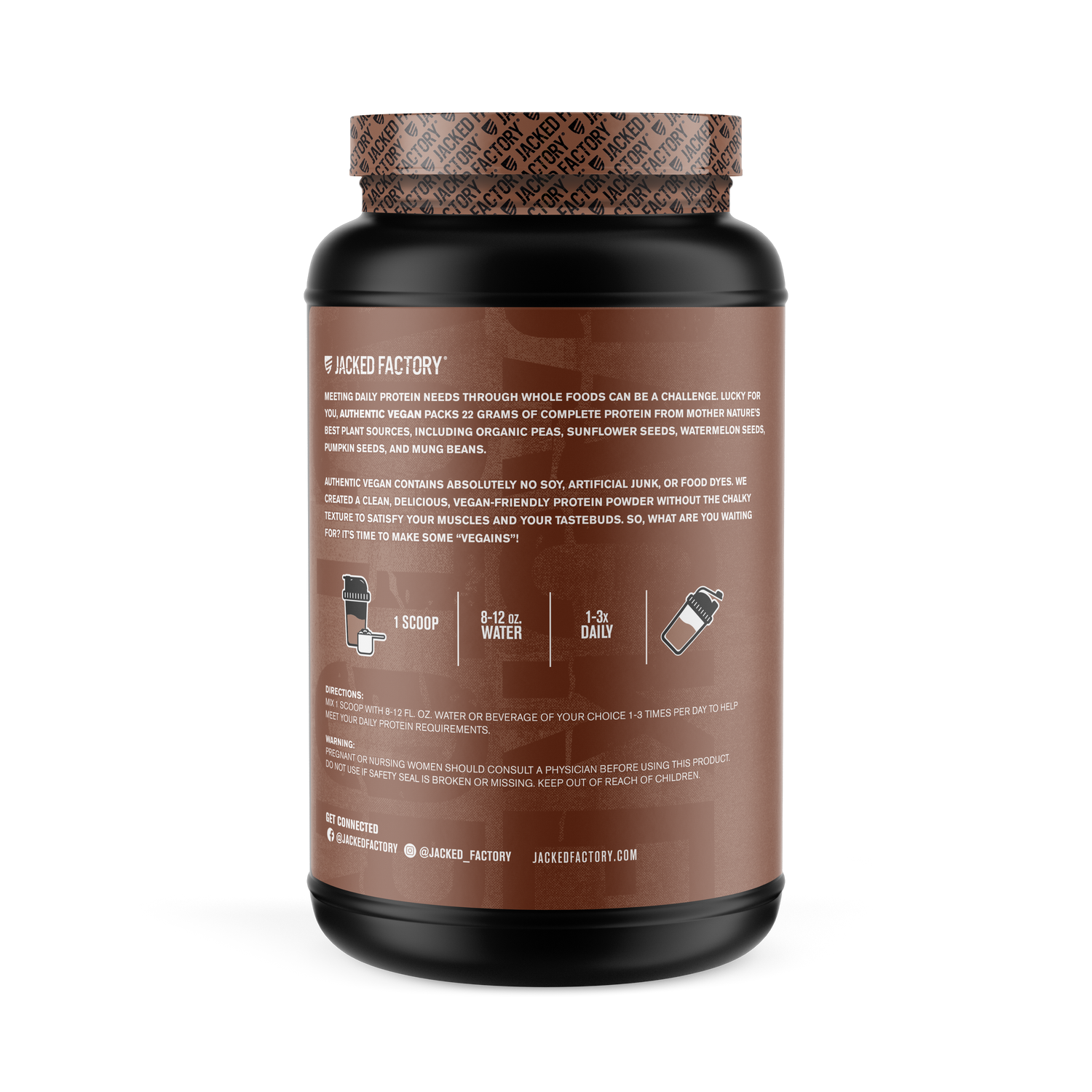 Side of Jacked Factory's 30 servings Chocolate Authentic Vegan in a black tub with cream coloured label showing product description