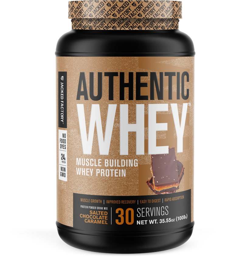 Black bottle with a light brown label for Salted Chocolate Caramel Authentic Whey (30 servings)
