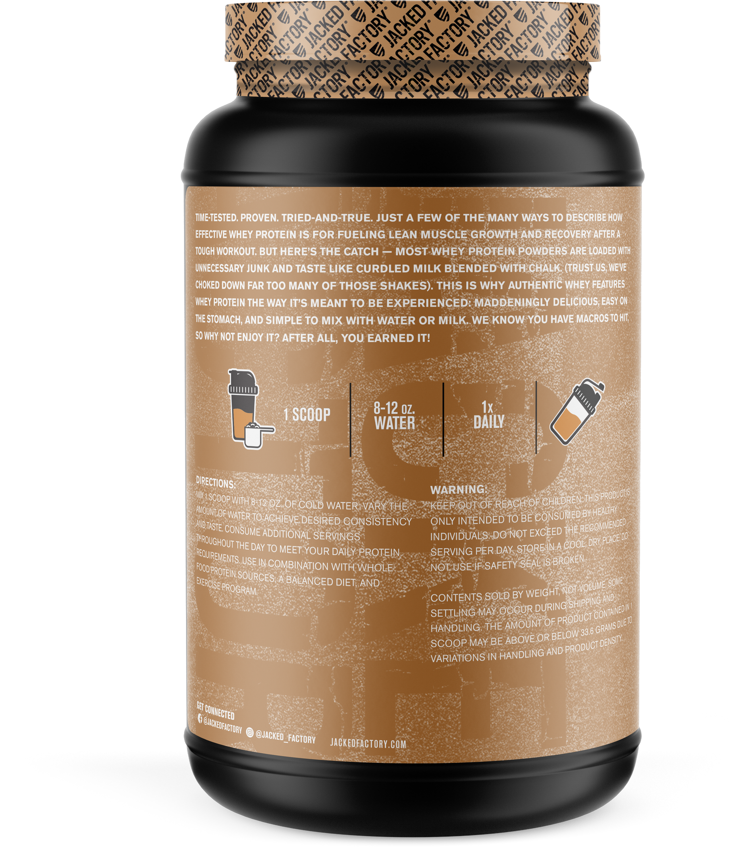 Side of Black bottle with a light brown label for Salted Chocolate Caramel Authentic Whey (30 servings) showing recommended usage