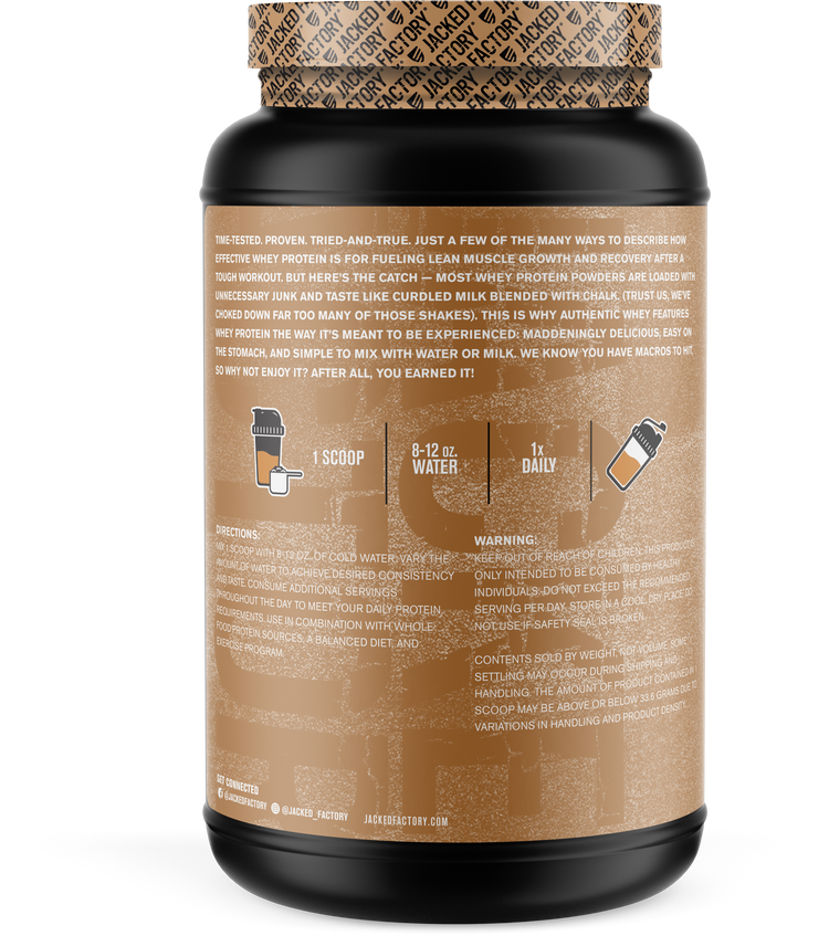 Side of Black bottle with a light brown label for Salted Chocolate Caramel Authentic Whey (30 servings) showing recommended usage