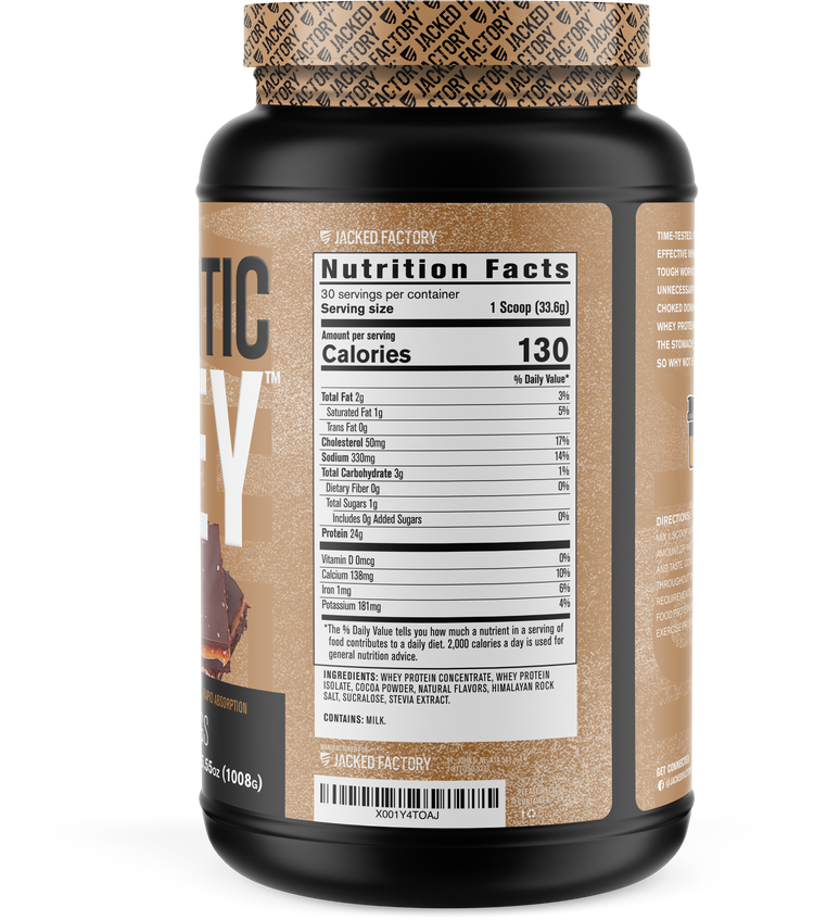 Side of Black bottle with a light brown label for Salted Chocolate Caramel Authentic Whey (30 servings) showing nutritional information