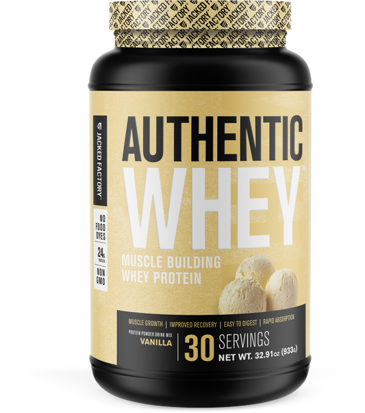 Black bottle with a cream colored label for Vanilla Authentic Whey (30 servings)