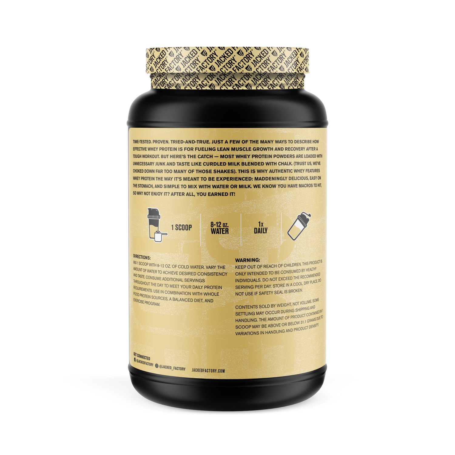 Side of Black bottle with a cream colored label for Vanilla Authentic Whey (30 servings) showing recommeded usage