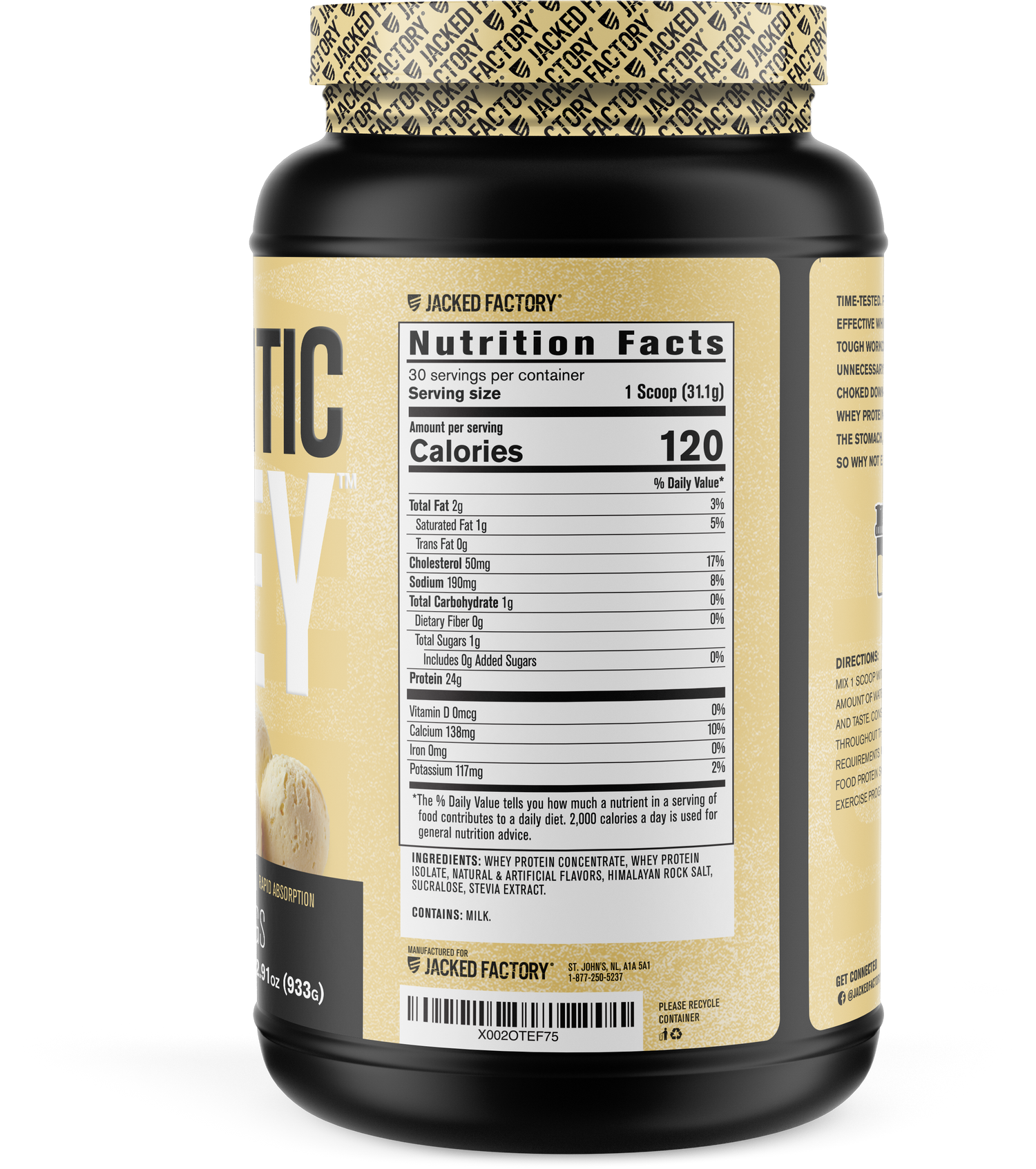 Side of Black bottle with a cream colored label for Vanilla Authentic Whey (30 servings) showing nutritional information