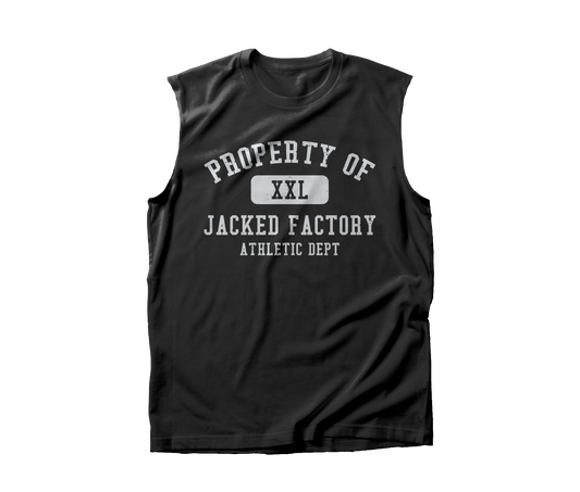 Black Muscle Tank that says "PROPERTY OF XXL JACKED FACTORY ATHLETIC DEPT" in white