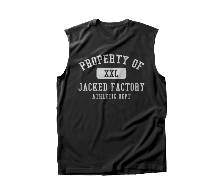 Black Muscle Tank that says "PROPERTY OF XXL JACKED FACTORY ATHLETIC DEPT" in white