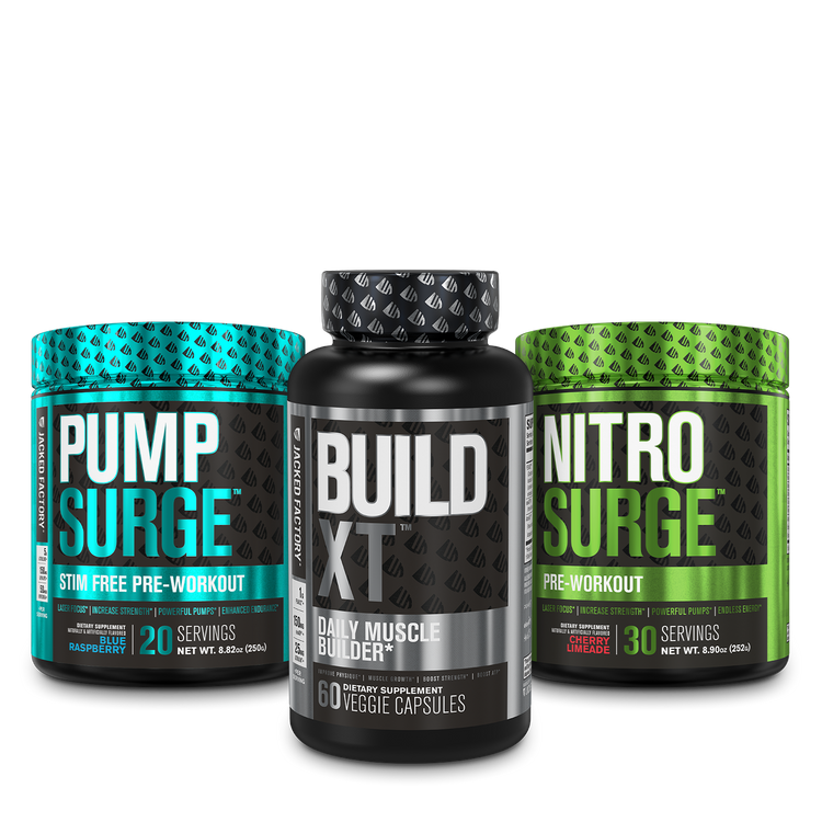 Bhuwan's Pre-Workout Stack. Jacked Factory Pump Surge Blue Raspberry (20 servings), Jacked Factory Build XT (60 veggie capsules) and Jacked Factory Nitro Surge Cherry Limeade (30 servings).