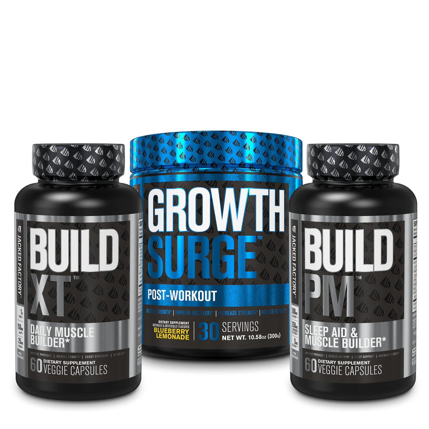 Jacked Factory's Build 24/7 stack including Build-XT (60 count), Growth Surge (30 servings), & Build-PM (60 count)