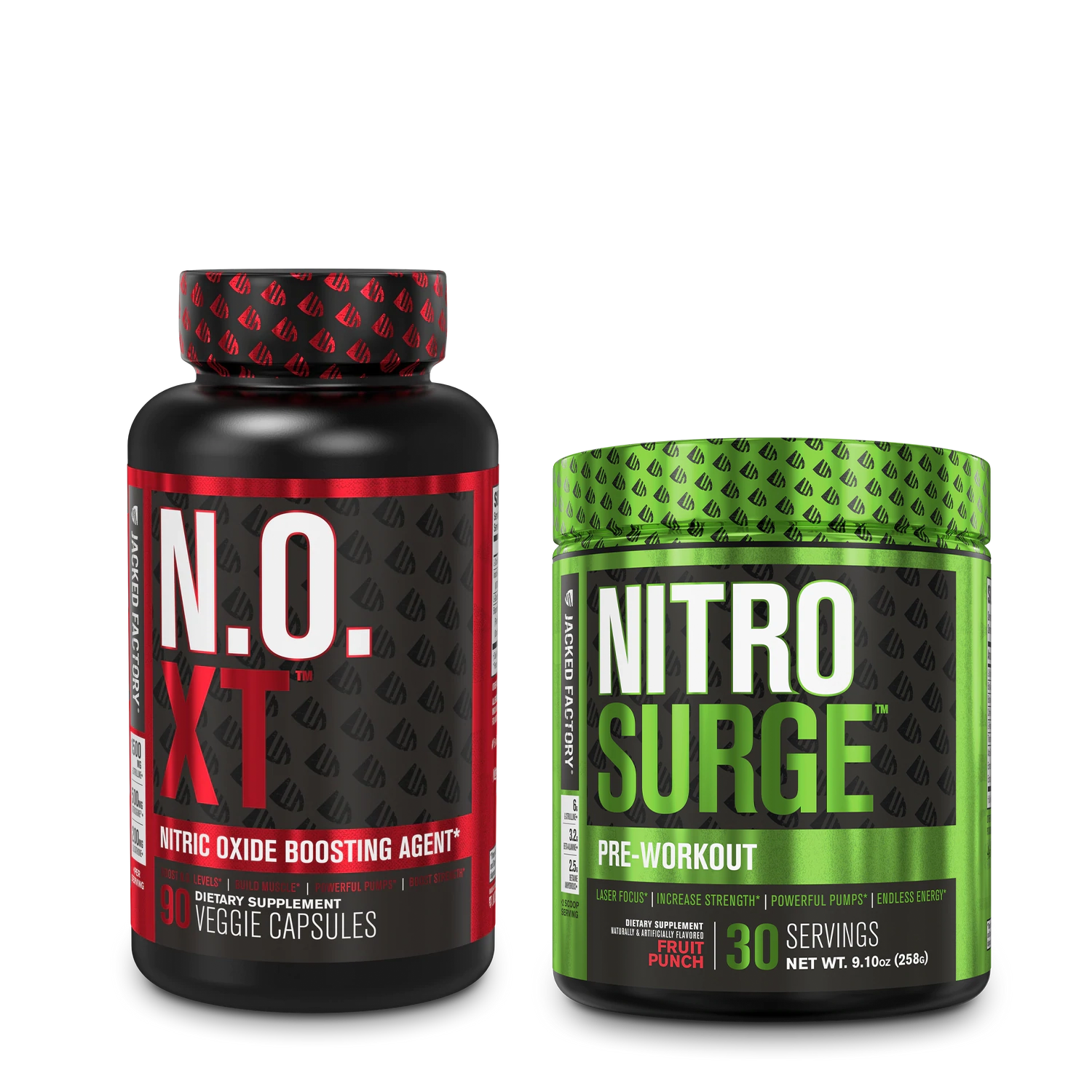 Bottle of Jacked Factory's 90 count N.O. XT in a black bottle with red label & 30 servings Nitrosurge in black bottle with green label