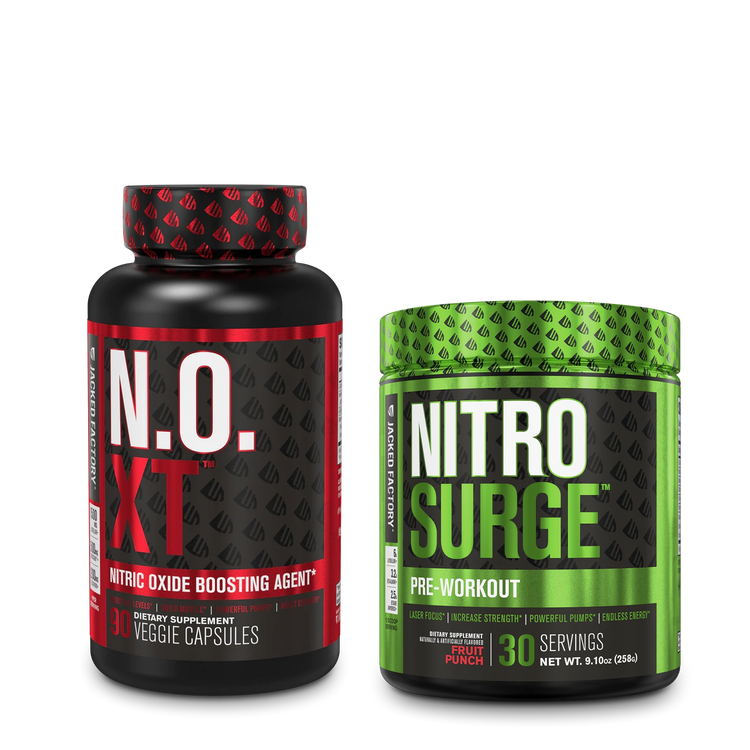 Bottle of Jacked Factory's 90 count N.O. XT in a black bottle with red label & 30 servings Nitrosurge in black bottle with green label